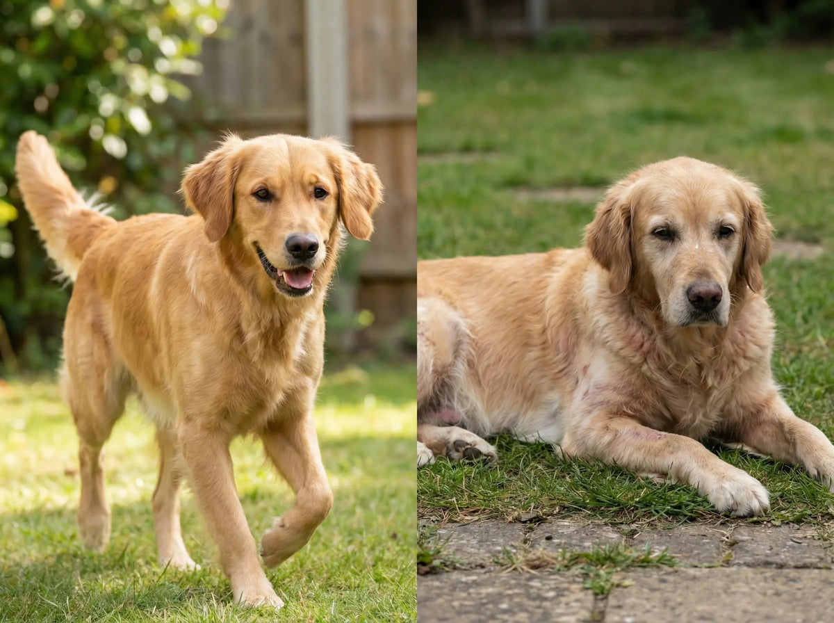 Lo stesso tipo di cane, giovane e vivace a sinistra, anziano e stanco a destra