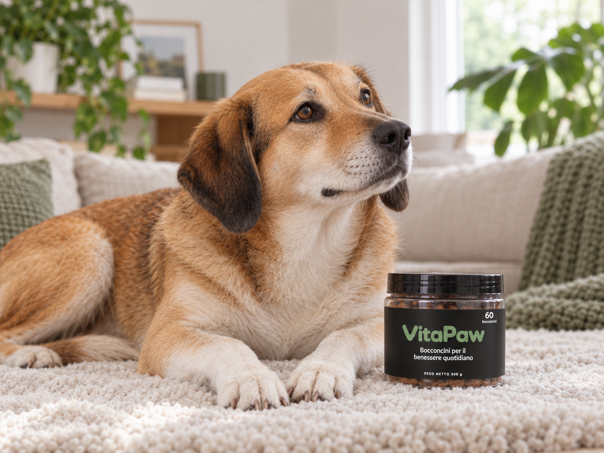 Un cane felice accanto al barattolo VitaPaw