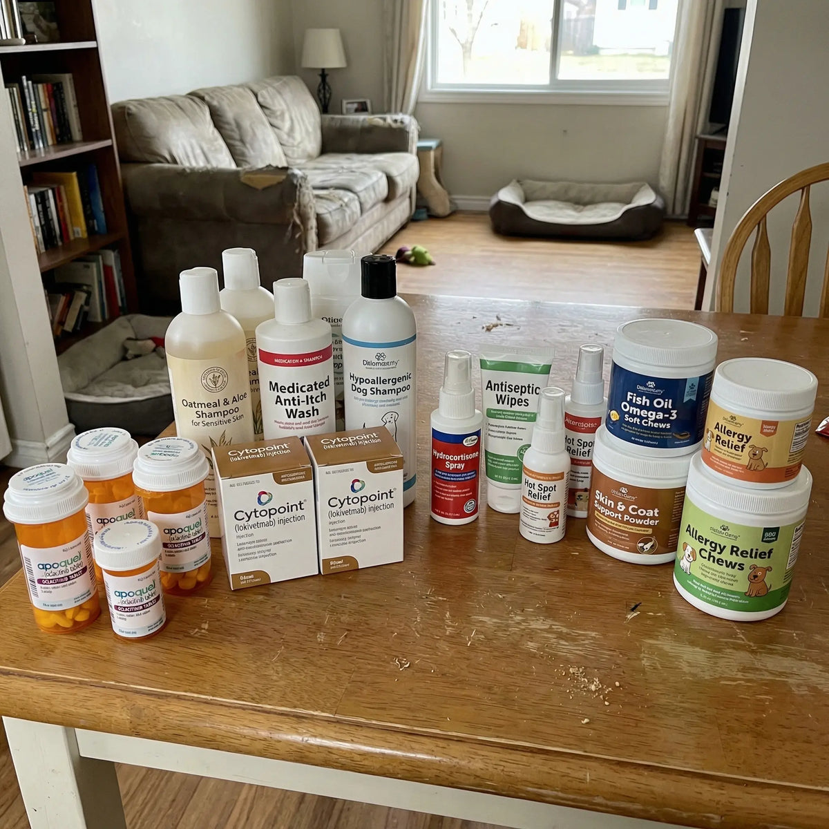 Farmaci, shampoo medicati e integratori su un tavolo