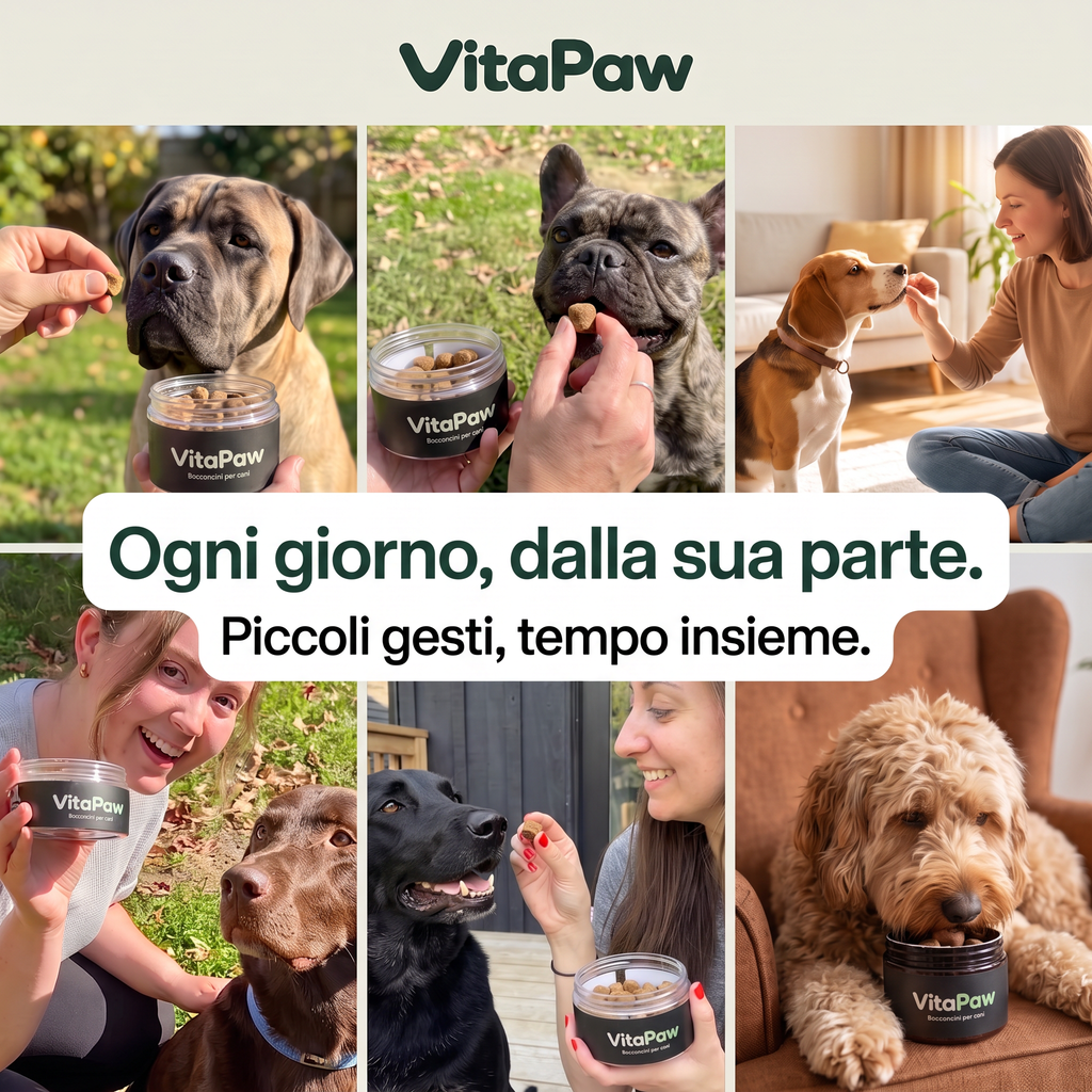 Cani di razze diverse ricevono i bocconcini VitaPaw dai loro proprietari