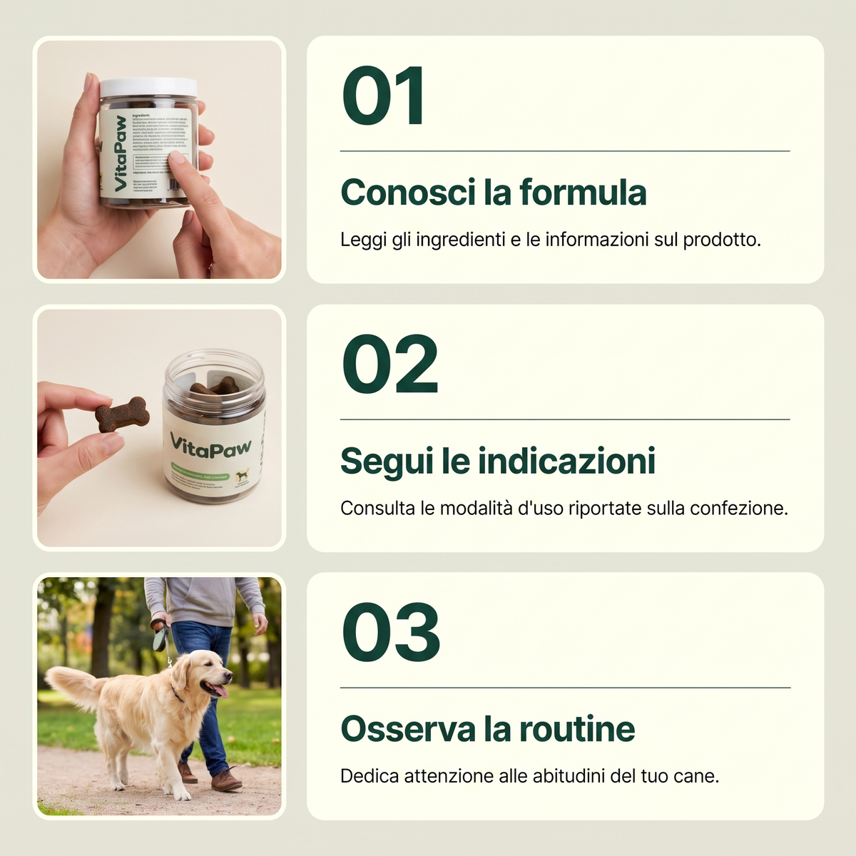 Come usare VitaPaw in tre passi: conosci la formula, segui le indicazioni, osserva la routine